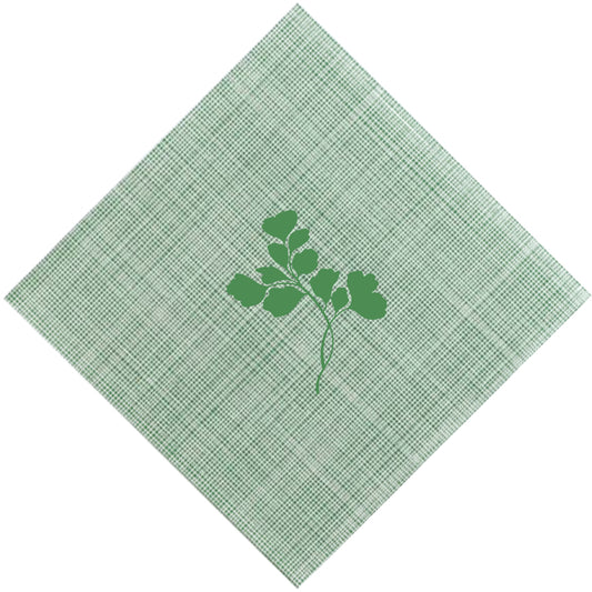 Light green, tweed patterned paper napkin with green maidenhair fern motif in center of napkin