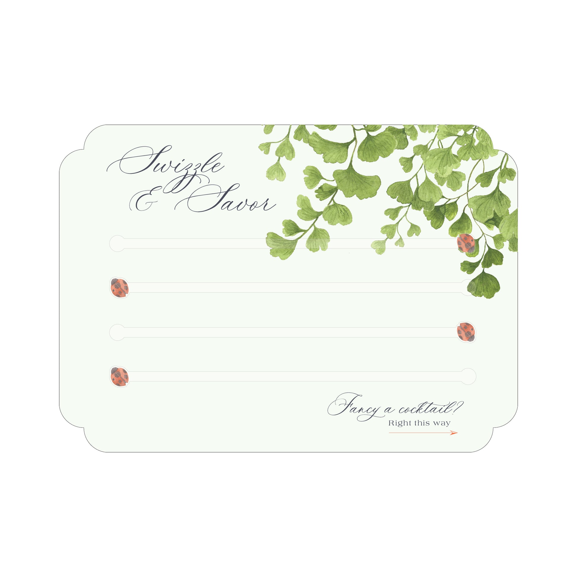 Paper card featuring maidenhair fern watercolor artwork and four acrylic clear swizzle sticks with red ladybugs at the end.